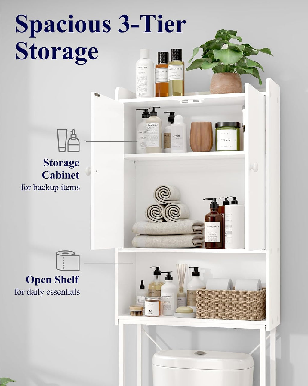 68.1"H Over Toilet Storage Cabinet, Magnetic Door, Adjustable Shelf | Bathroom, Laundry Room, Small Spaces, Families