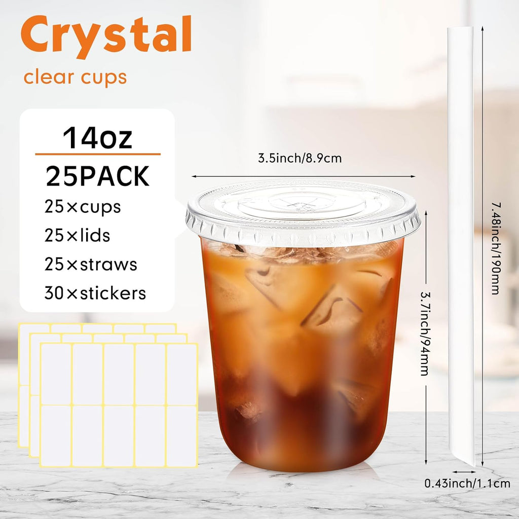 25 Sets Clear Plastic Cups with Lids, Straws and Stickers,14 oz