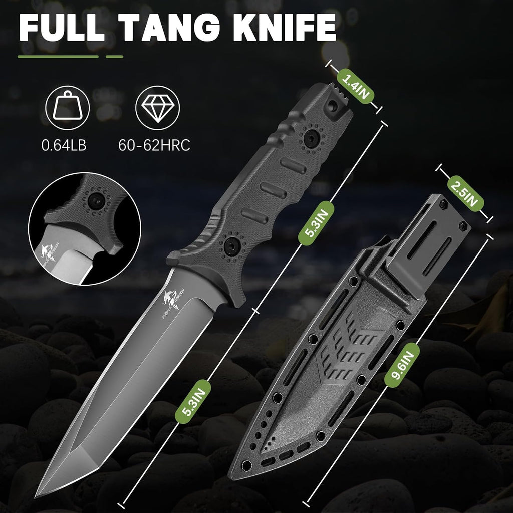 Full Tang Fixed Blade Tactical Knife with Sheath | High Carbon Steel Camping Knife with Ergonomic Black Handle, Built