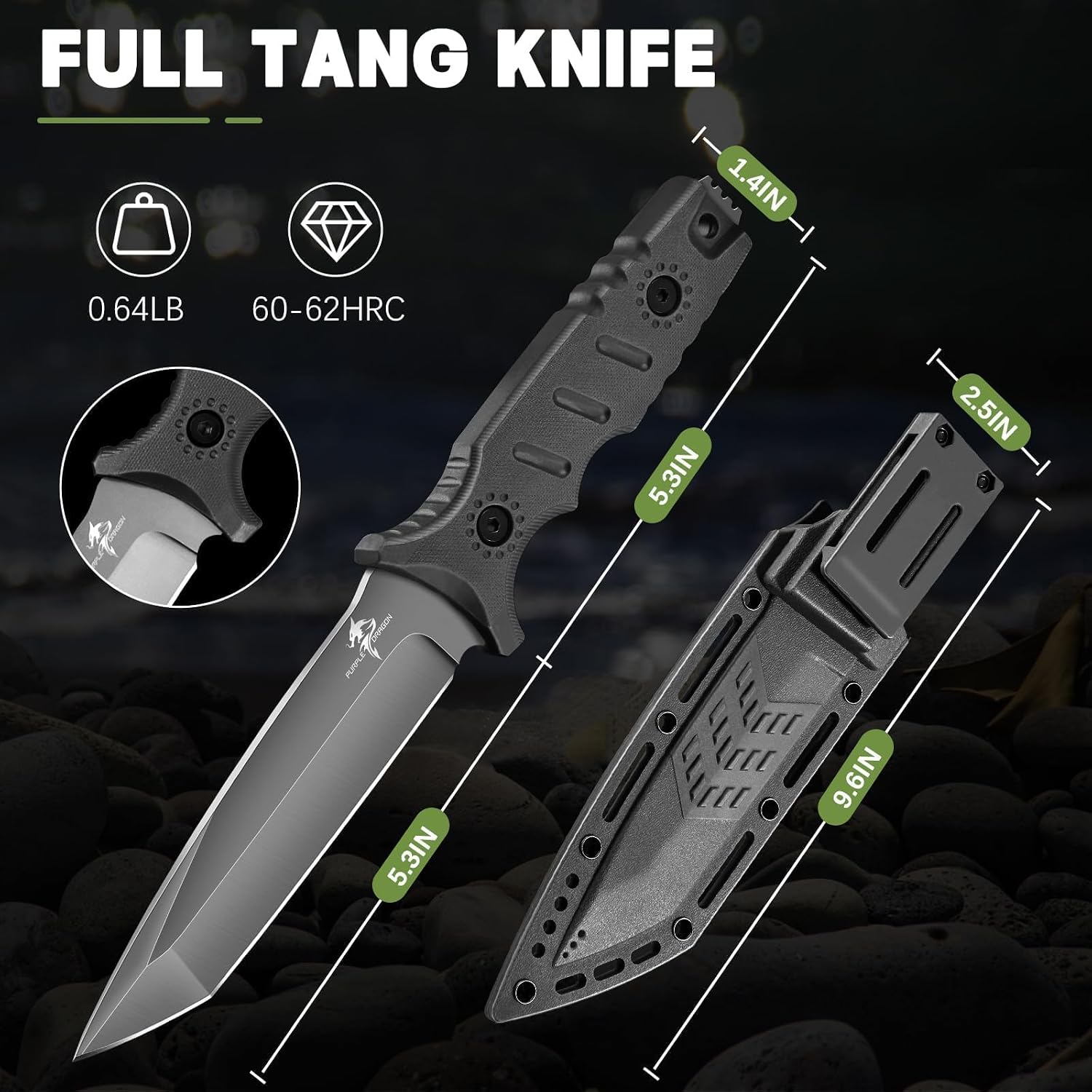 Full Tang Fixed Blade Tactical Knife with Sheath | High Carbon Steel Camping Knife with Ergonomic Black Handle, Built