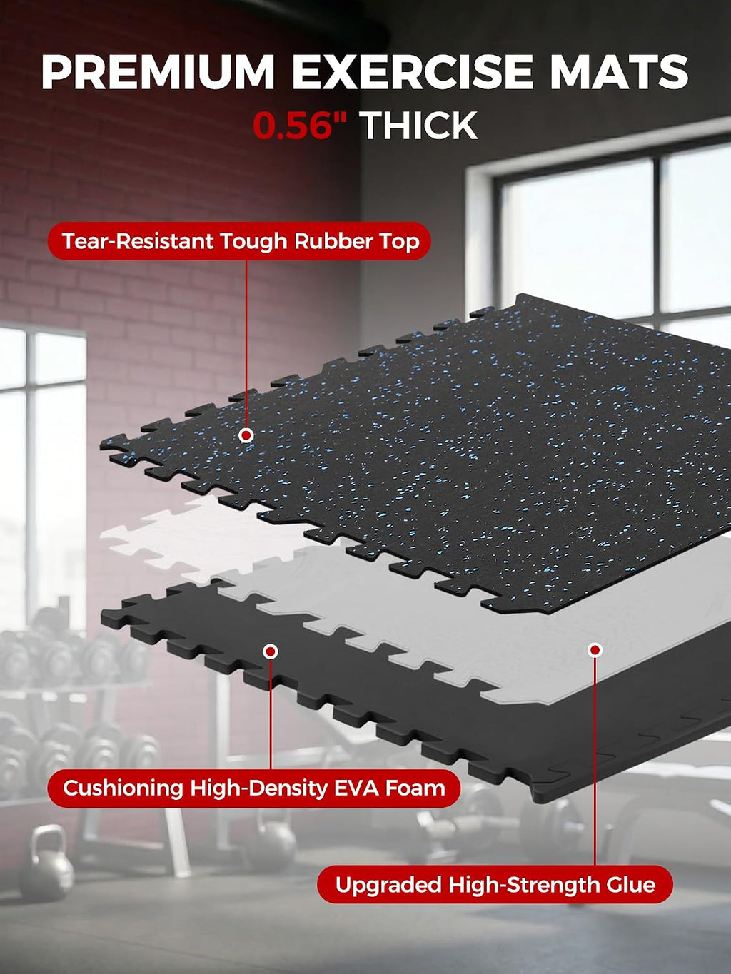 0.56in Thick 48 Sq Ft Exercise Equipment Mats, 12 Tiles Rubber Top EVA Foam Workout Mats, Interlocking Gym Flooring