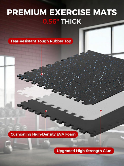 0.56in Thick 48 Sq Ft Exercise Equipment Mats, 12 Tiles Rubber Top EVA Foam Workout Mats, Interlocking Gym Flooring