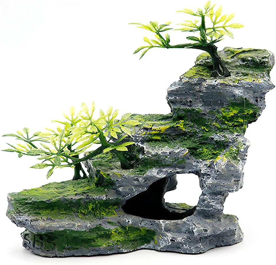 Aquarium Ornament, Mountain View Stone with Moss Tree Rock Cave Landscape Artificial Fish Tank Decoration