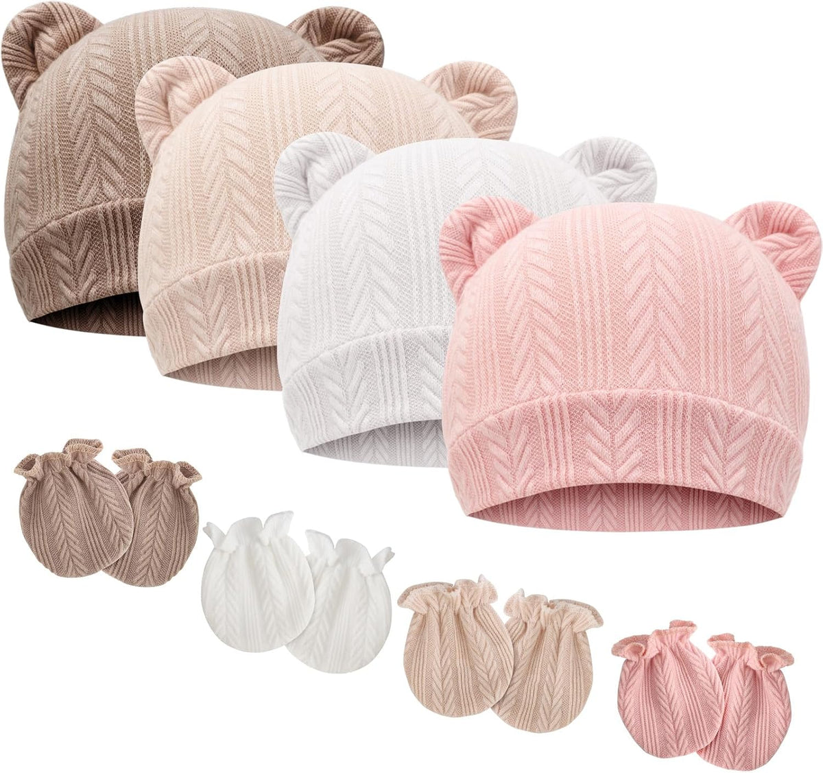 BQUBO Newborn Baby Hats Bear Ears and Mittens Sets Preemie Caps Baby Boy Girl Infant Hospital Beanie for 0-3 Months