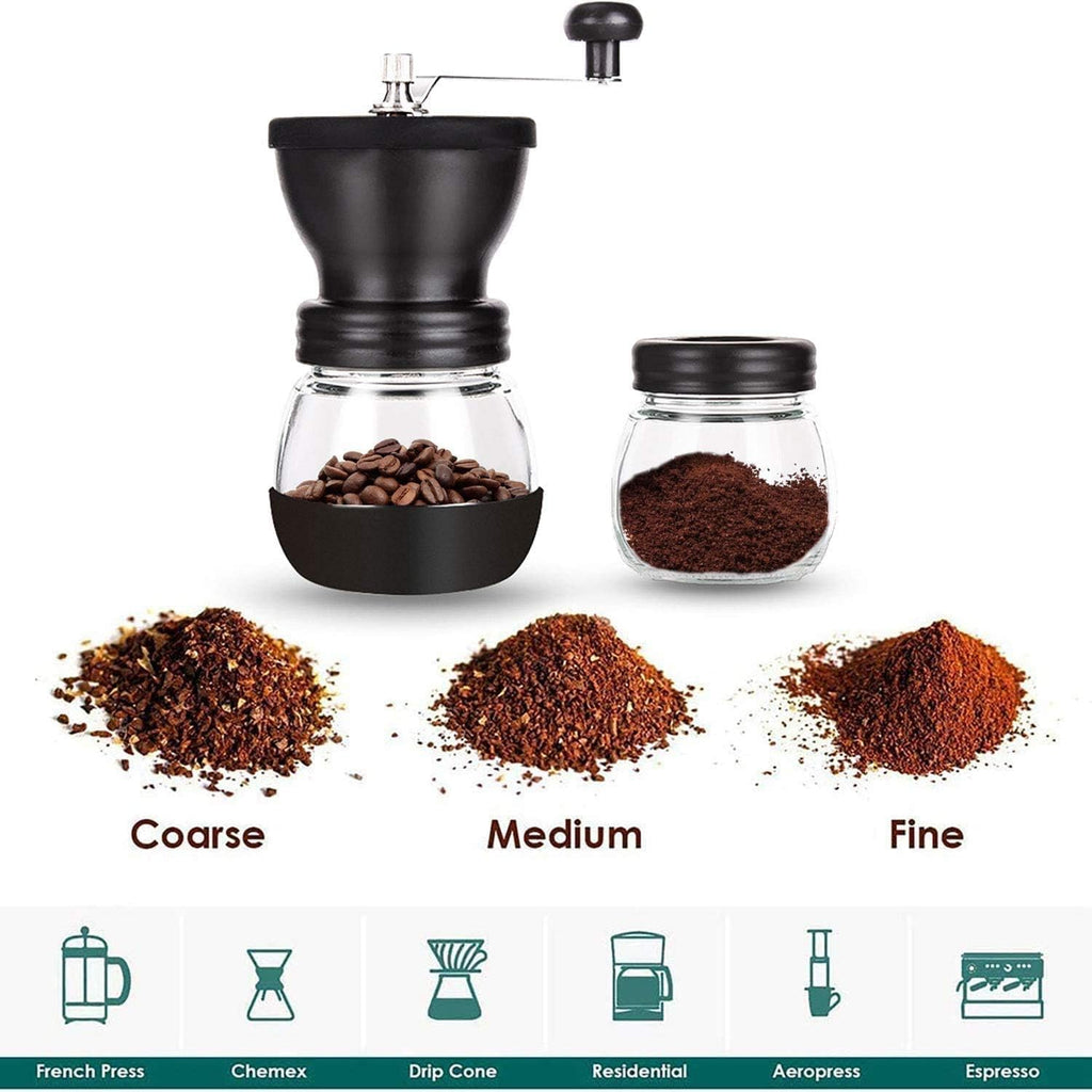 Manual Coffee Grinder, Ceramic Burr, 2 Glass Jars, 11oz per Jar | This hand coffee grinder, a small coffee bean