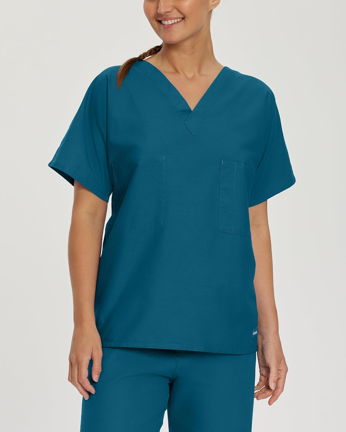 Essentials Unisex Relaxed Fit 1-Pocket V-Neck Scrub Top 7502 Caribbean Blue
