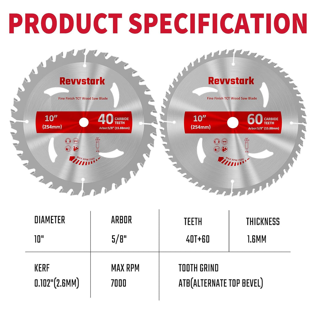10 Inch 40&60T Circular Saw Blade for Various Wood, 5/8" Arbor | Carbide Tipped Teeth, TCT Saw Blades for Cutting