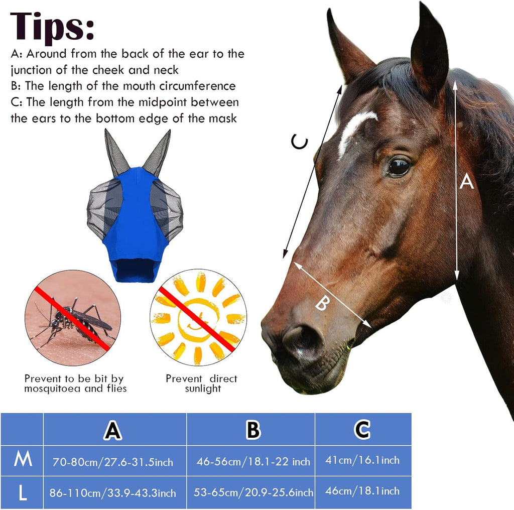 6 Pcs Horse Fly Masks with Ears Comfort Breathable Mesh Fly Masks Net UV Protection Large Eye Space Full Face