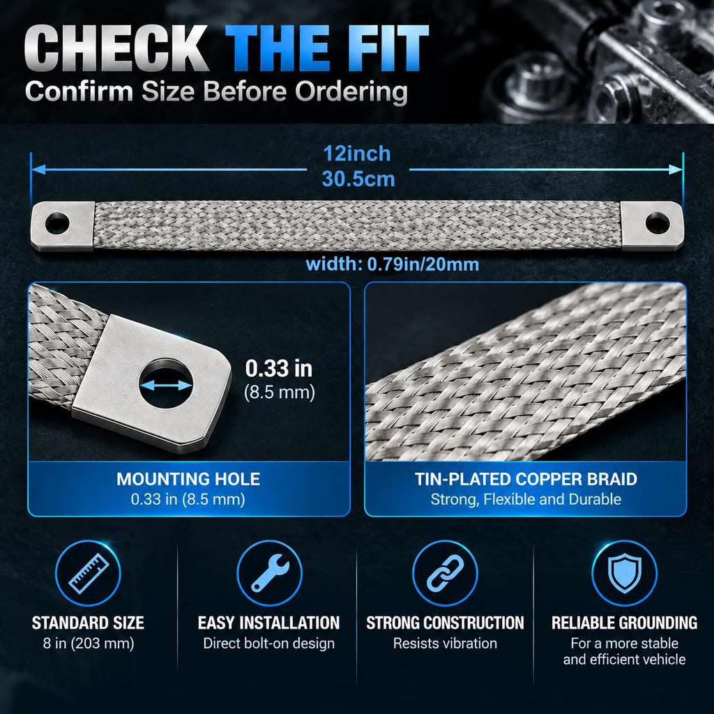 Ground Straps, 1PCS 12 Inch Tin-Plated Copper Braided Engine Ground Strap