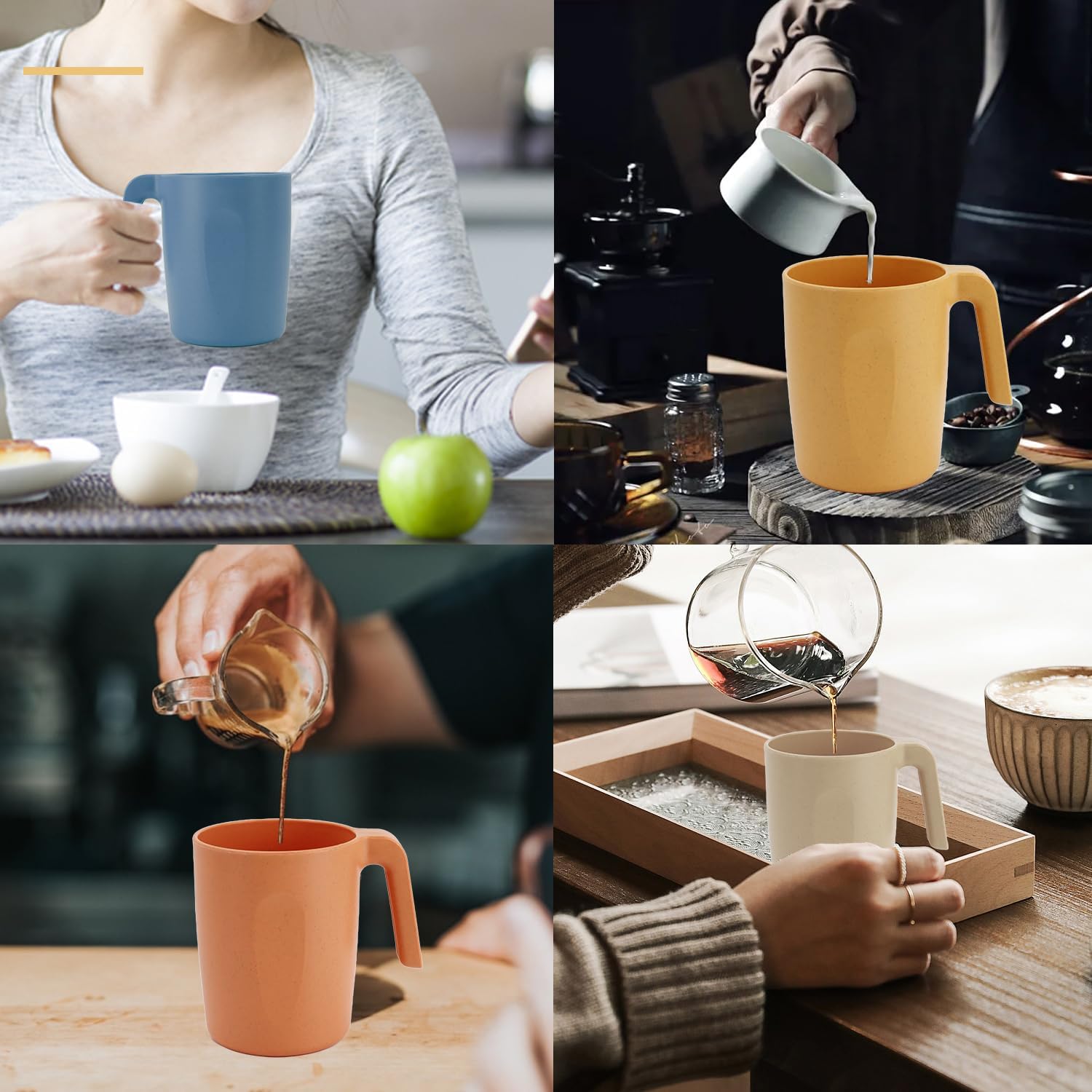 Wheat Straw Cups 16 Oz Alternative Plastic Cups With Handle Dishwasher & Microwave Safe Mug Set of 6 Unbreakable Cups