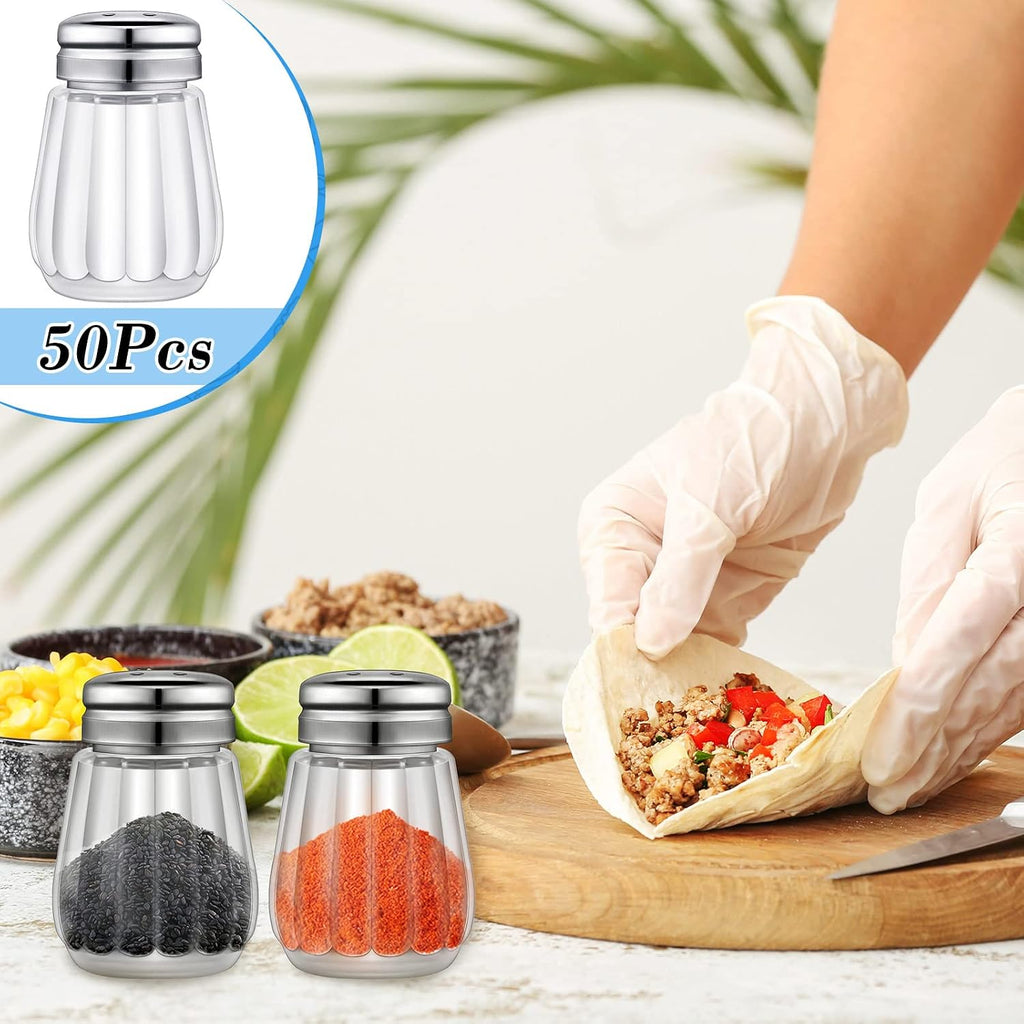 50 Pcs Mini Glass Salt and Pepper Shakers 0.34 oz,Silver