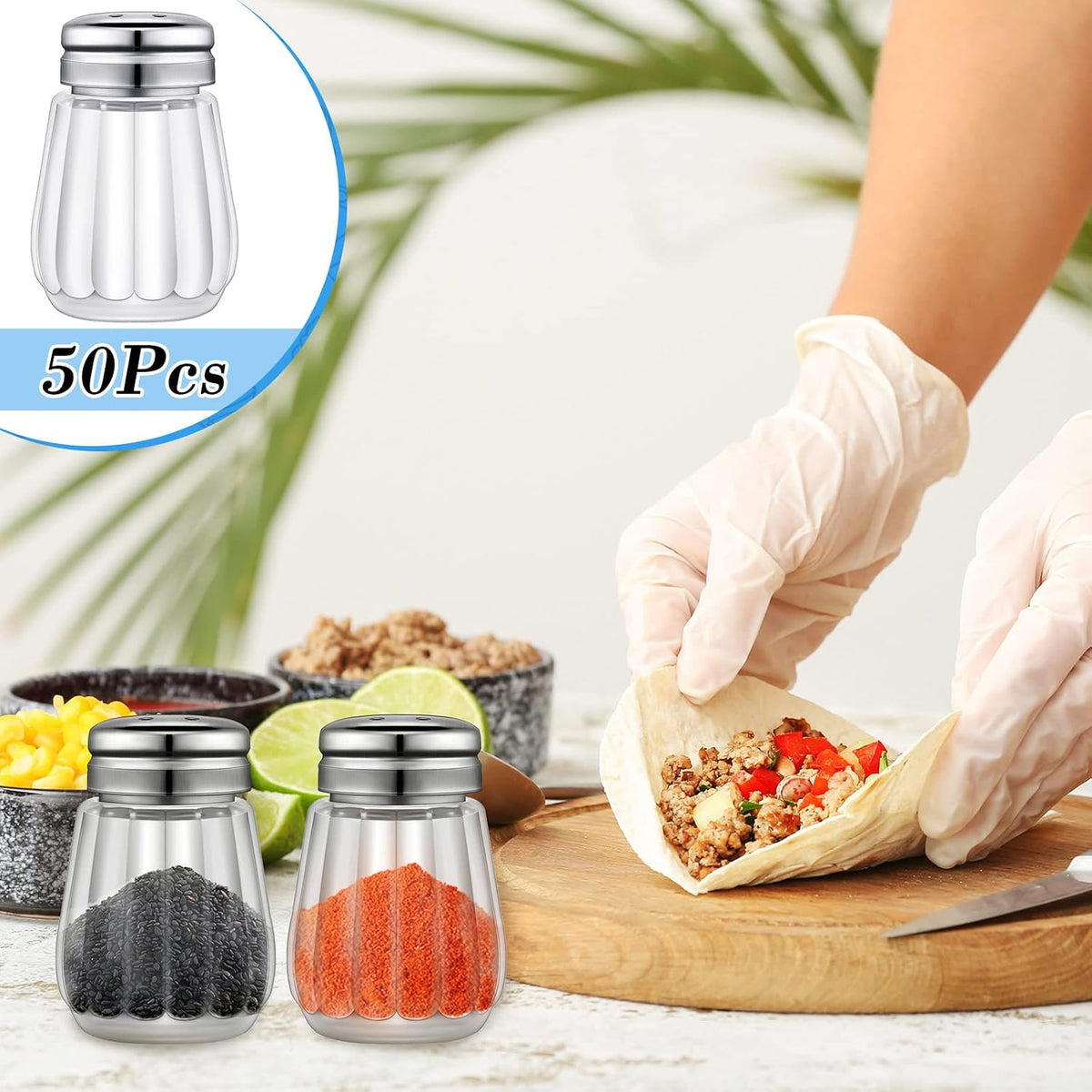 50 Pcs Mini Glass Salt and Pepper Shakers 0.34 oz,Silver