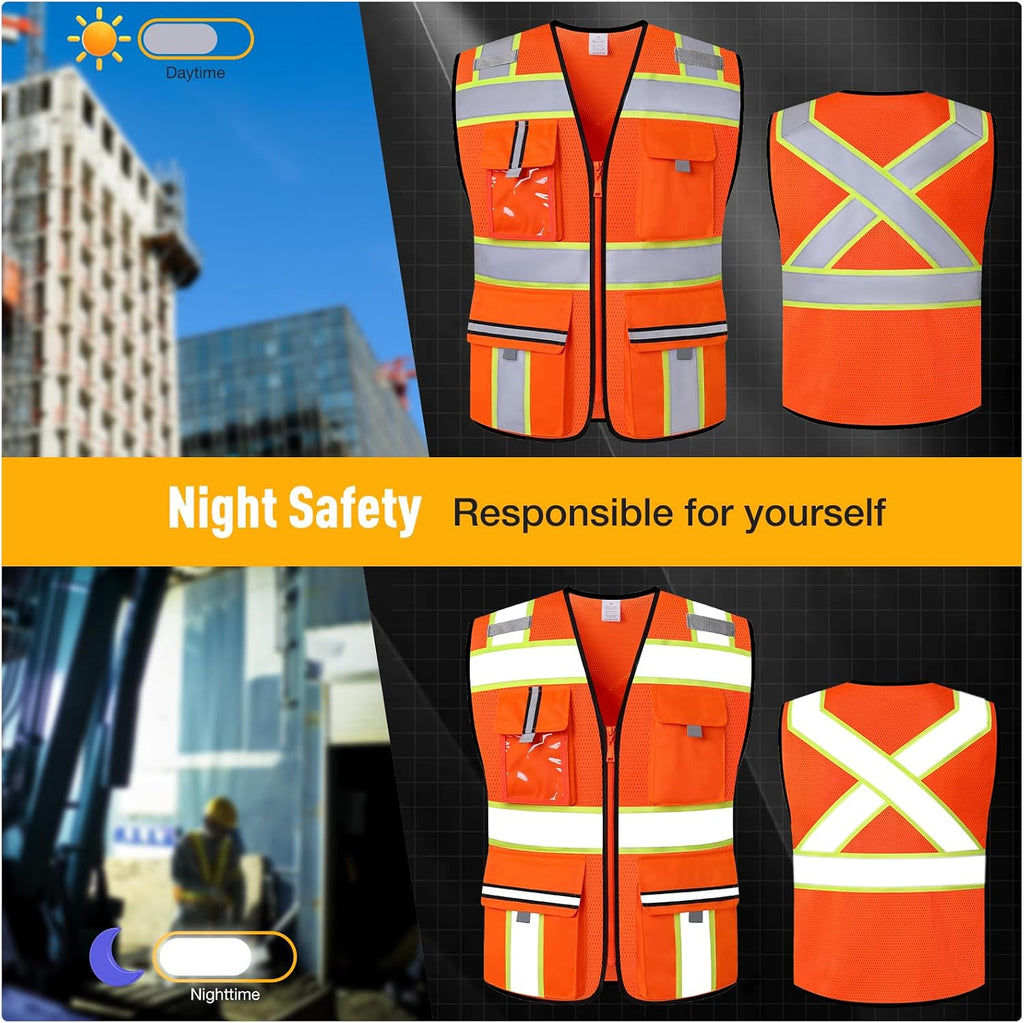 Class 2 Safety Vest with Zipper Front and multiple Pockets, High Visibility Vest, Meets ANSI/ISEA Standards