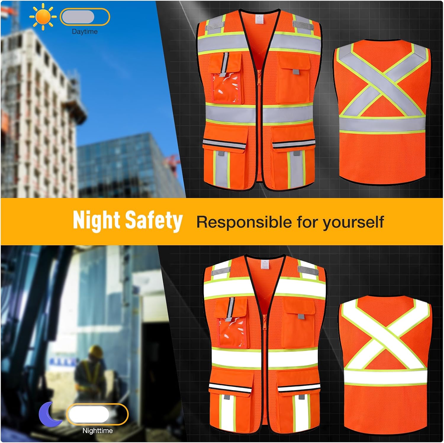 Class 2 Safety Vest with Zipper Front and multiple Pockets, High Visibility Vest, Meets ANSI/ISEA Standards