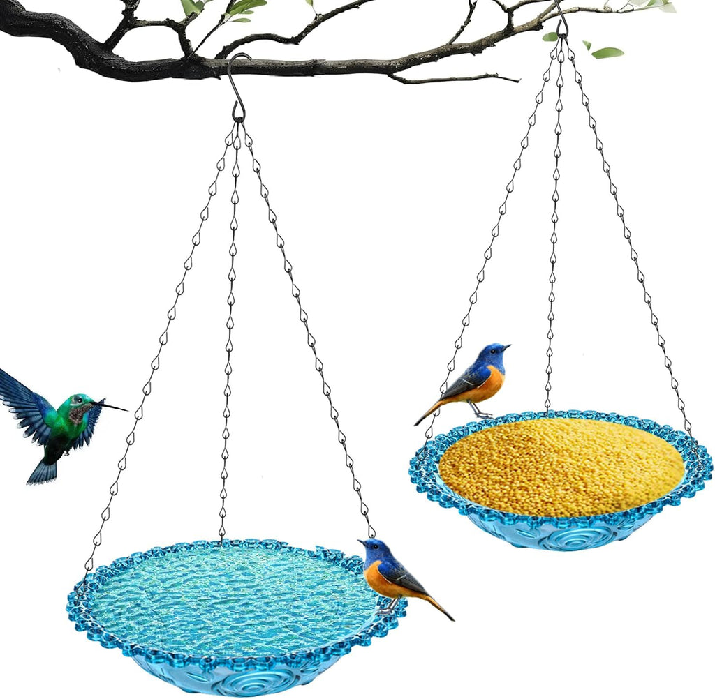 2-Pack Hanging Plastic Bird Bath and Feeder Bowls, Blue