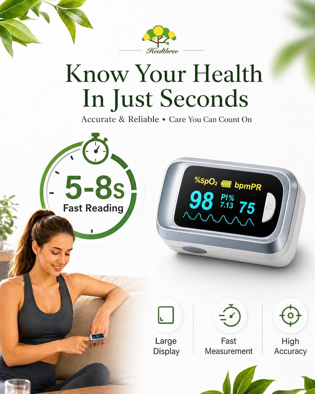 Fingertip Pulse Oximeter Blood Oxygen Saturation Monitor Pulse Ox, Heart Rate and Fast Spo2 Reading Oxygen Meter with