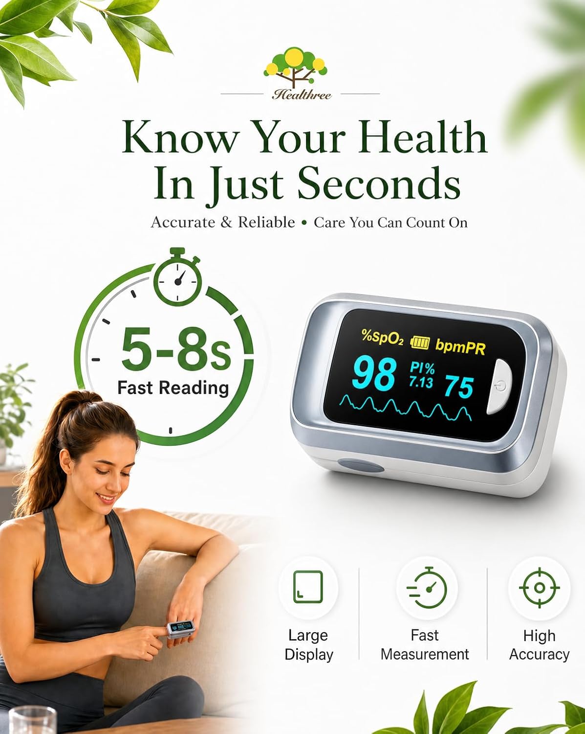 Fingertip Pulse Oximeter Blood Oxygen Saturation Monitor Pulse Ox, Heart Rate and Fast Spo2 Reading Oxygen Meter with