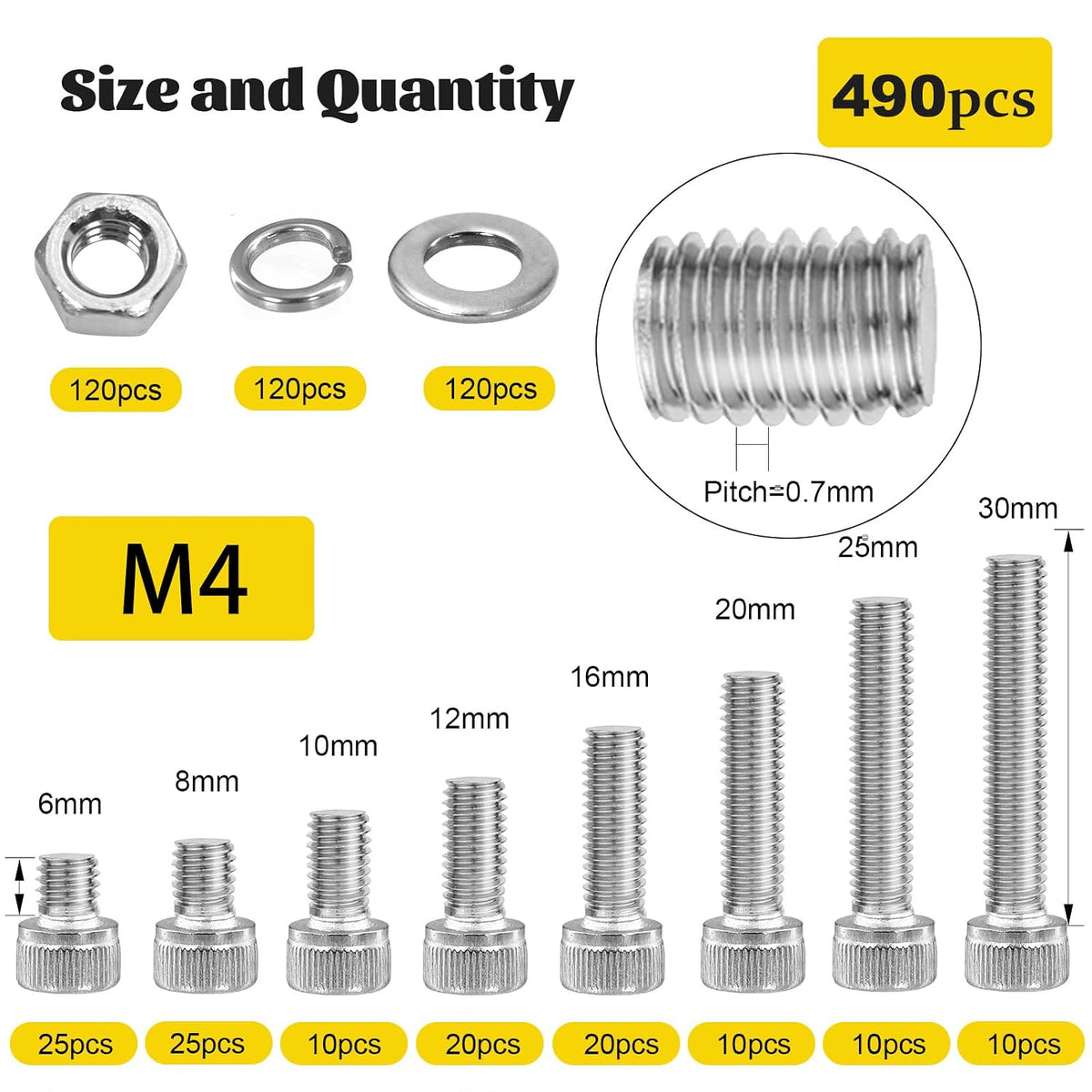 490PCS M4 Socket Screws Assortment Kit, M4x6/8/10/12/16/20/25/30 mm