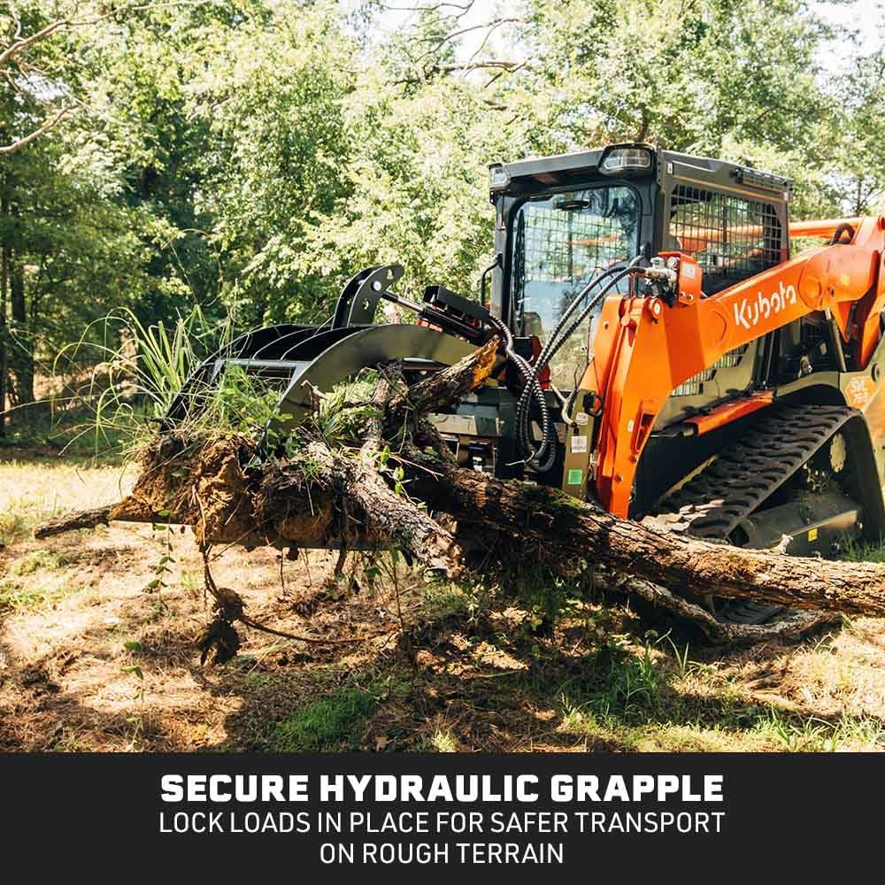 Hydraulic Skid Steer Pallet Fork Grapple Attachment V2, 1/2in Thick Steel Frame, Quick Tach Mounting System