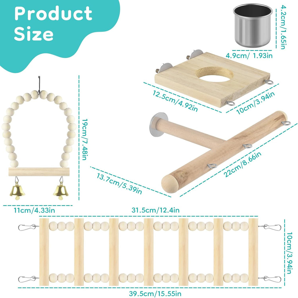 5in1 Bird Toys, Birdie Perches Platform Swing with Stainless Steel Feeding Cup Climbing Ladder, Wooden Play Gym for