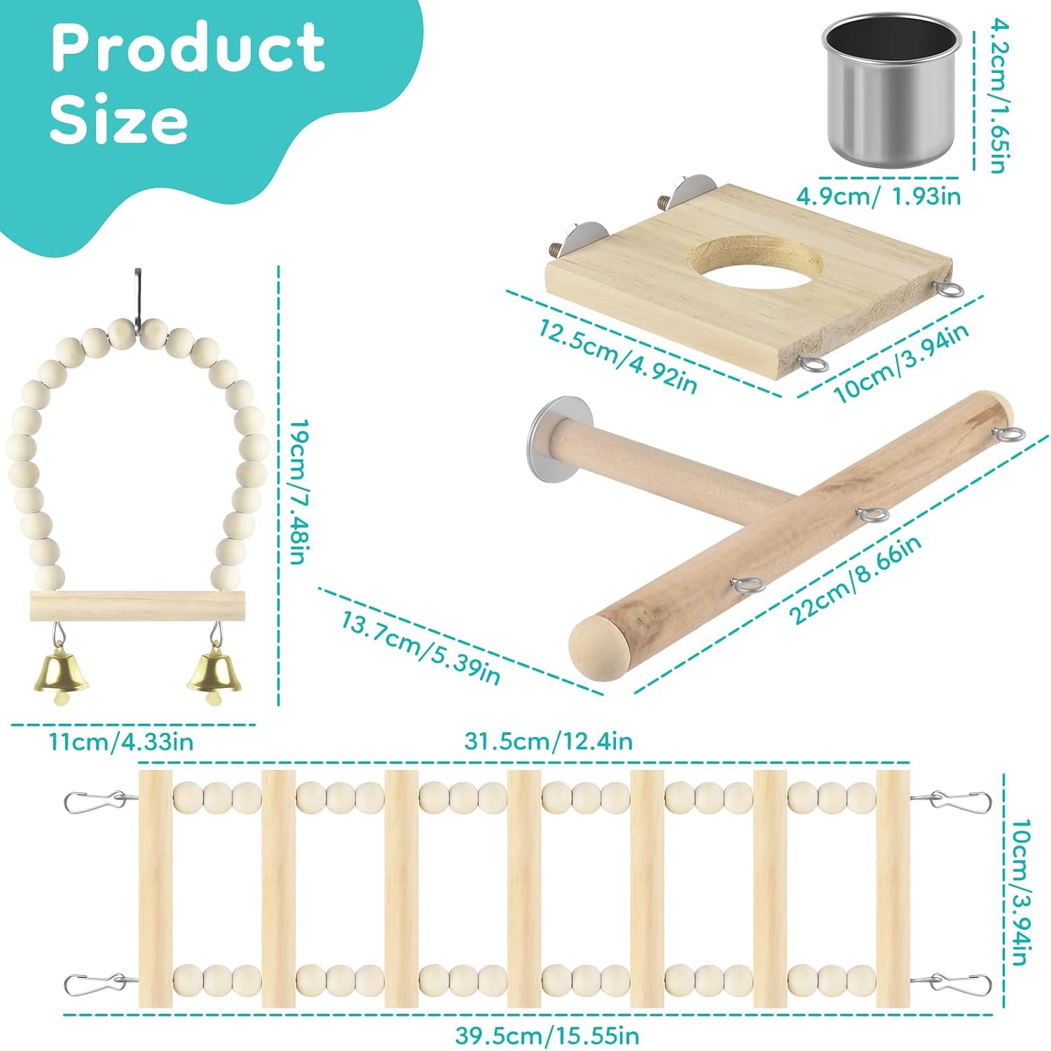 5in1 Bird Toys, Birdie Perches Platform Swing with Stainless Steel Feeding Cup Climbing Ladder, Wooden Play Gym for
