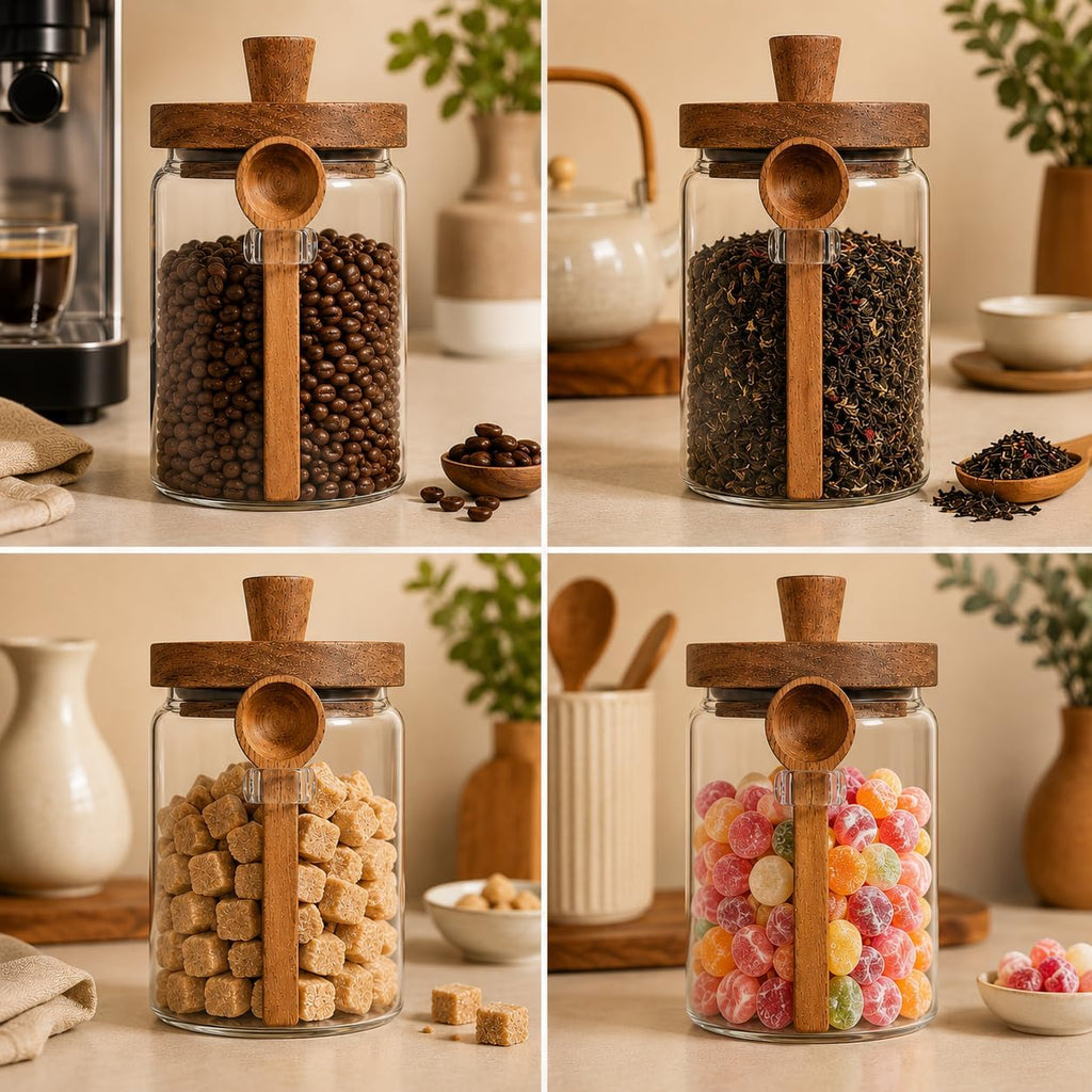 Glass Jar with Lid and Spoon, 20.3oz Airtight Coffee Bean Container for Coffee Beans & Grounds, Cute Glass Coffee