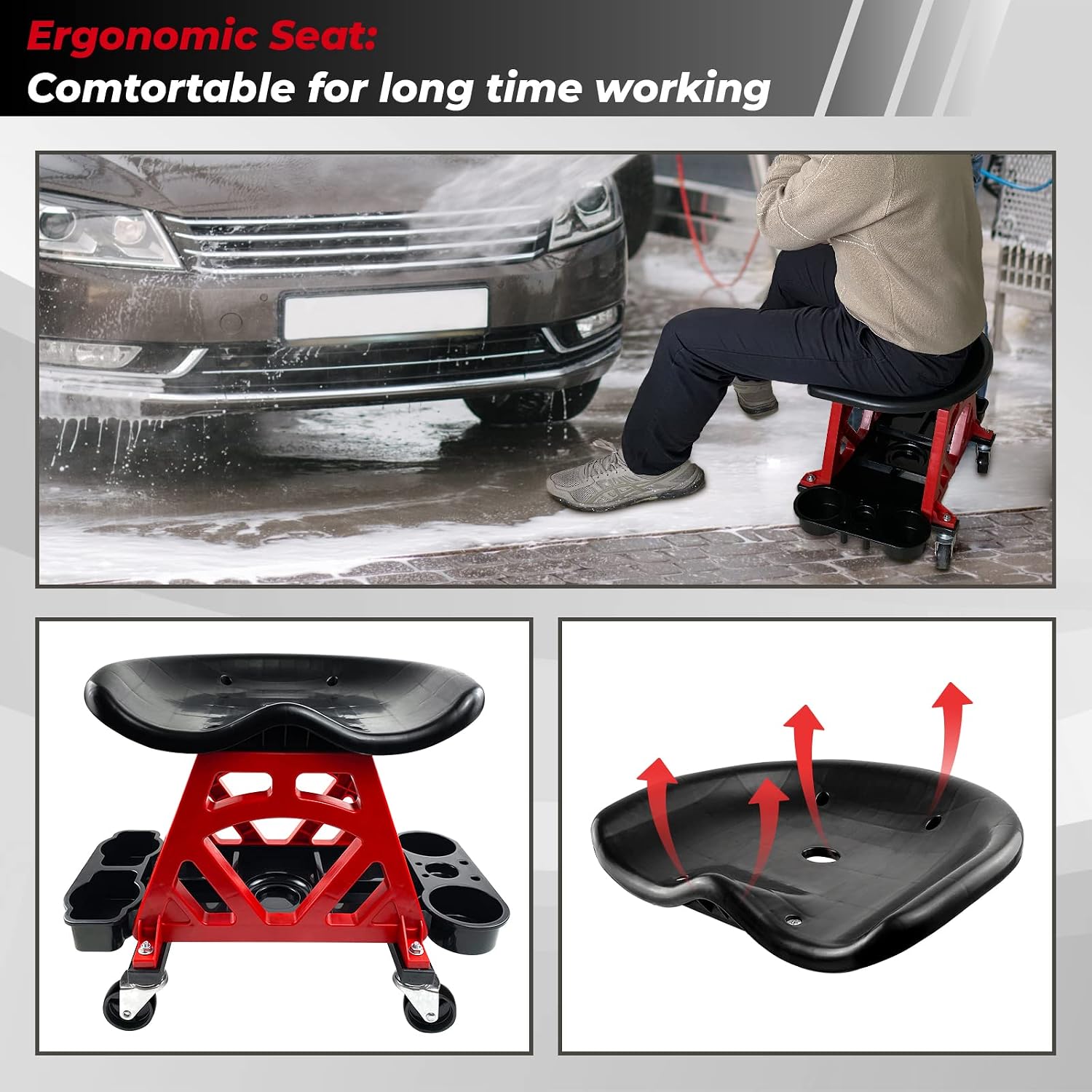 Durable Mechanic Stool Chair with Wheels, Heavy Duty Garage Shop Stool On Wheels, Rolling Stool Car Detailing Creeper