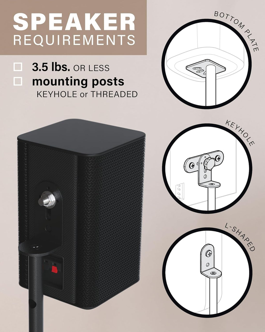 Speaker Stands Pair for Satellite & Bookshelf Speakers up to 3.5lbs – 10” Height Adjustment – Includes L-Shaped