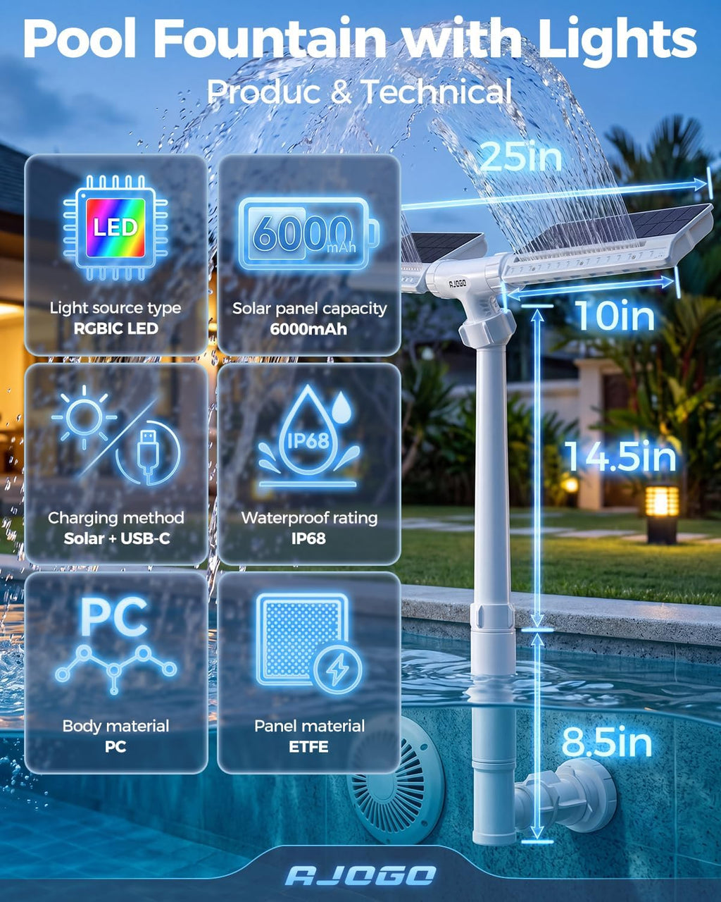 Solar Pool Fountain with Lights, Dual-Head Adjustable Spray & Timer, Remote Control, Auto Dusk Sensor, 10-Color LED