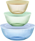 Colors Tinted (3-Pack, Full Set) Sculpted Tinted Glass Mixing Bowls With Plastic Lids, Nesting Space Saving Set of