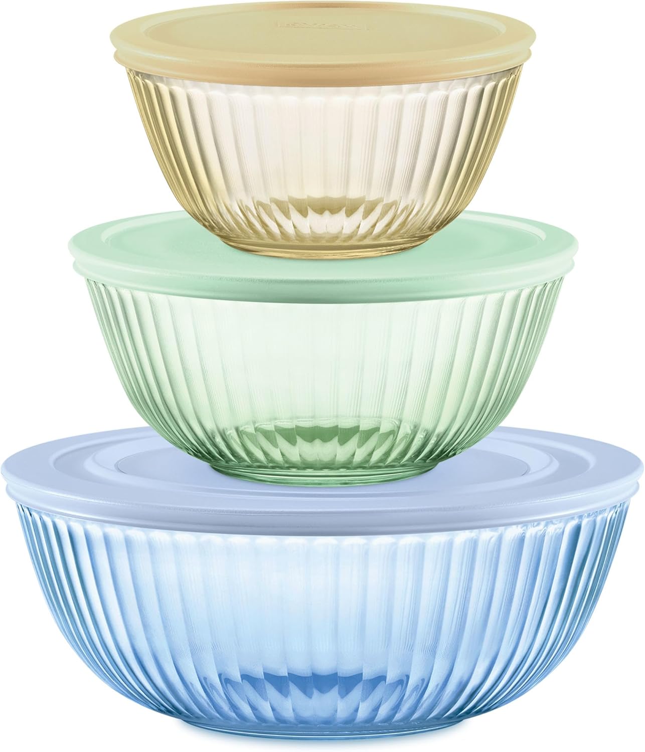 Colors Tinted (3-Pack, Full Set) Sculpted Tinted Glass Mixing Bowls With Plastic Lids, Nesting Space Saving Set of