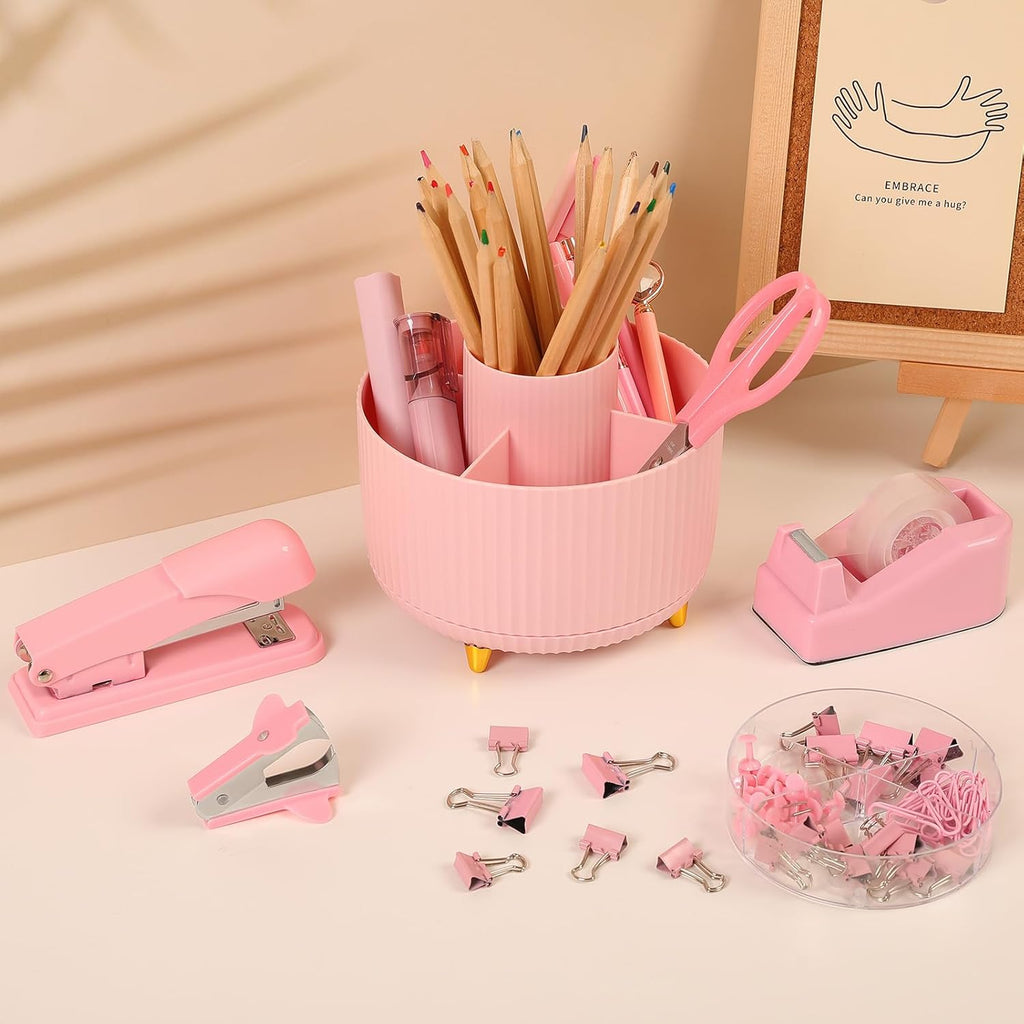 Pink Desk Accessories 10Pcs, Rotating Pen Holder for Desk, Stapler, Staple Remover, Tape Dispenser,2pcs Tape Refills