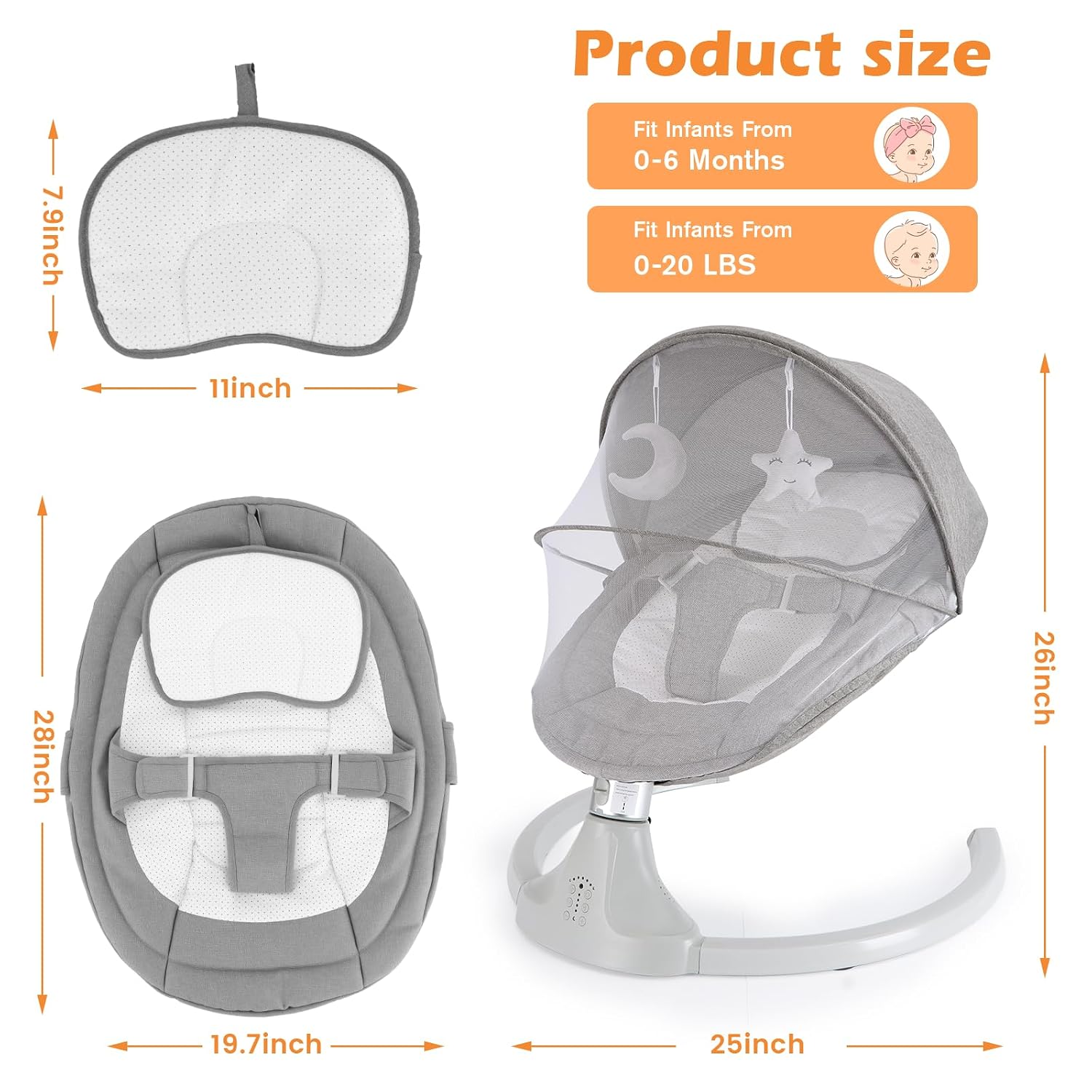 Baby Swing for Newborns 0-6 Months, Electric Infant Swing with Bluetooth & Remote Control, 5-Speed Portable Rocker