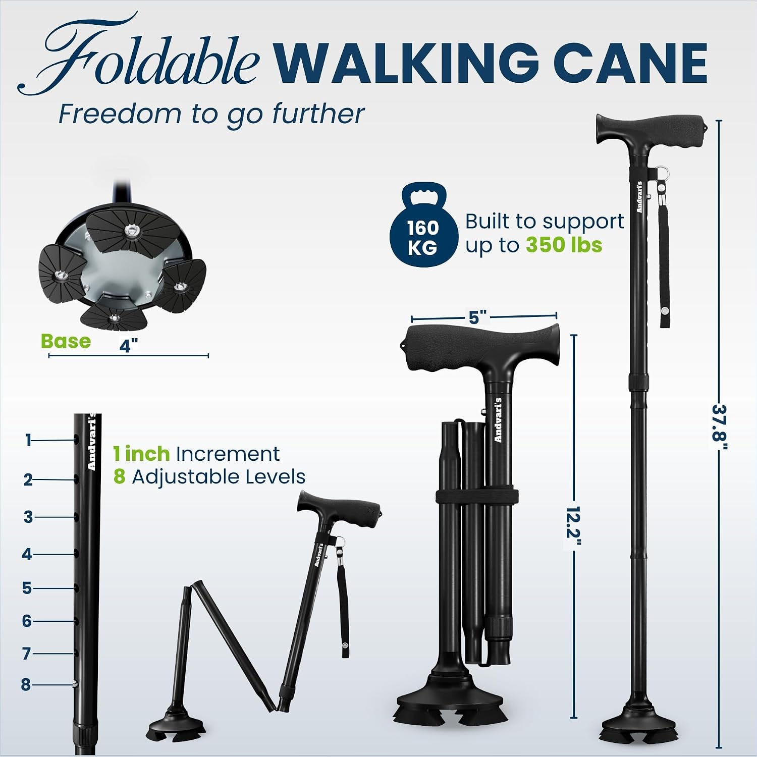Walking Cane for Men & Women – Foldable, Adjustable, Self-Standing Cane with 360° Pivot Base, Comfortable Grip, Heavy