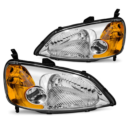 for 2001-2003 Honda Civic Headlights Assembly Chrome Pair