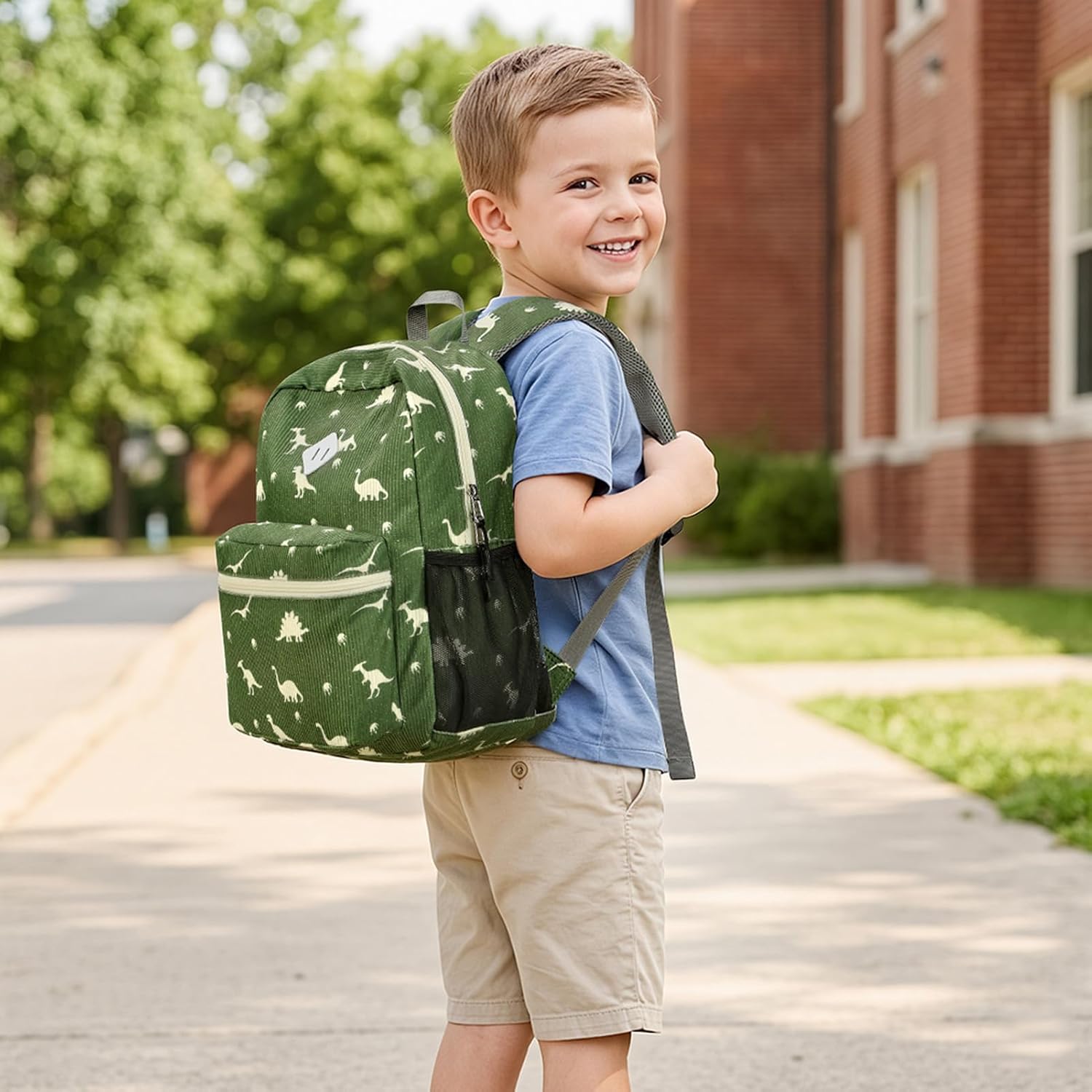Corduroy Kids Backpack for Boys Girls 3-8, Boys Backpack for Elementary Kindergarten - Dinosaur