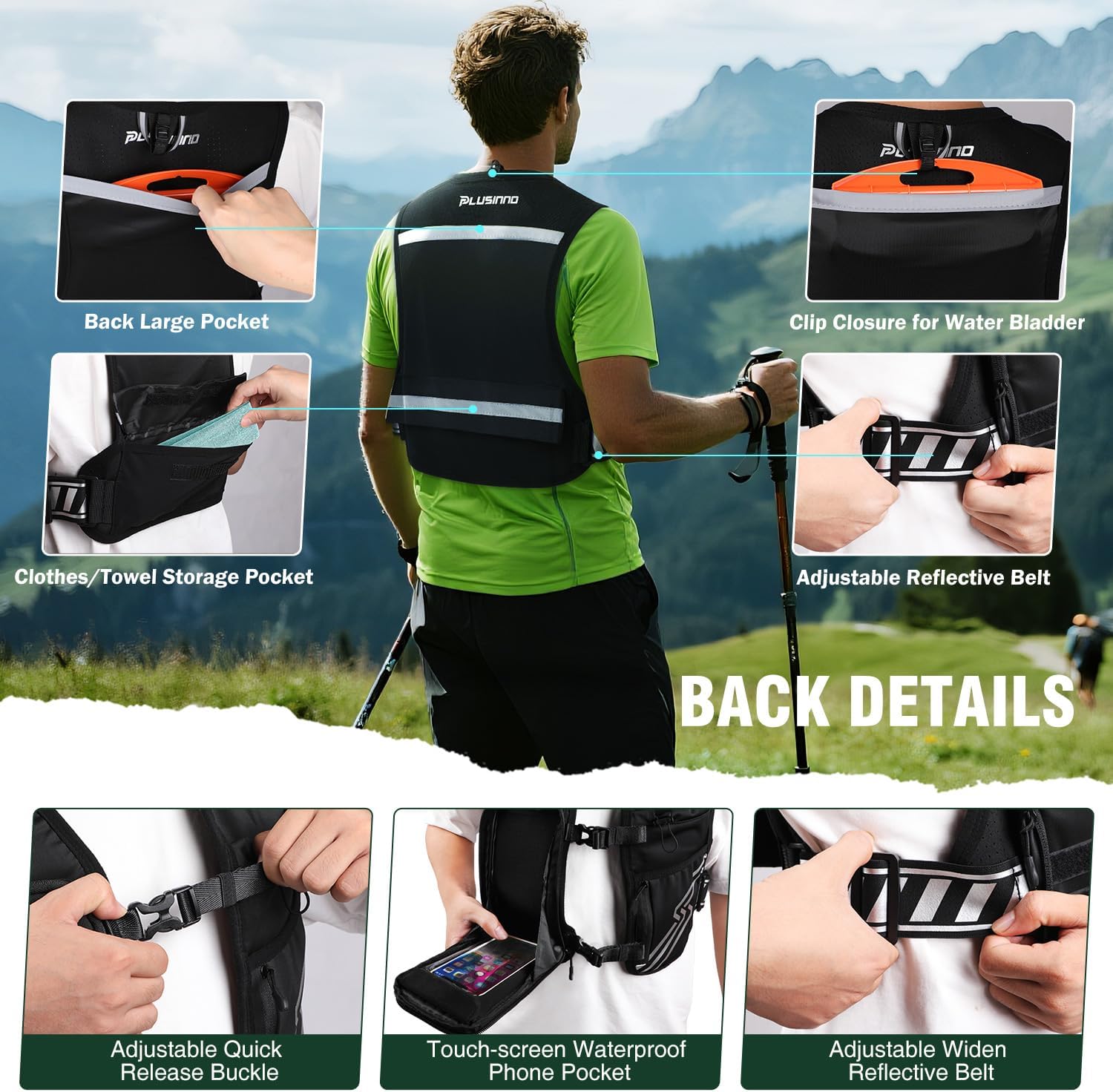 Running Vest for Women Men, Running Hydration Vest with 500ml Soft Flask & Touch-Screen Phone Pocket, Reflective
