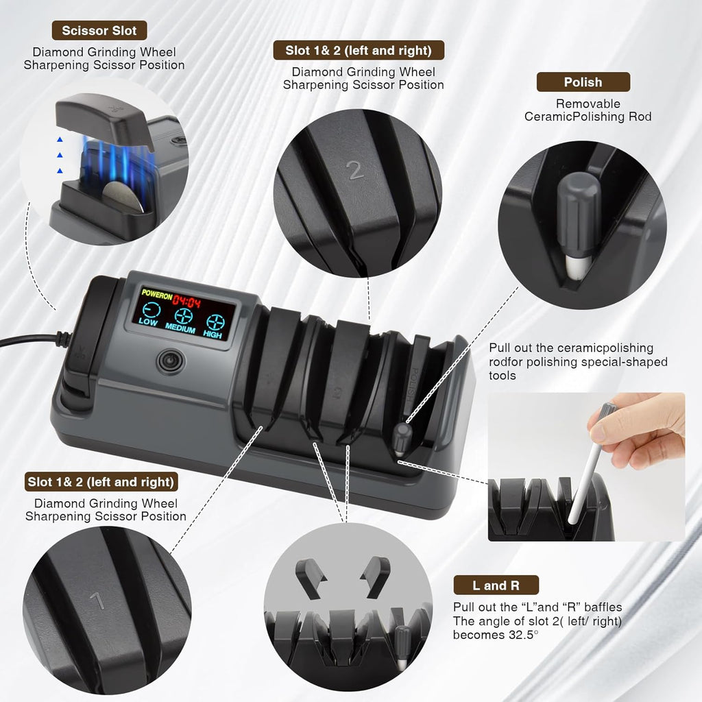 Electric Knife Sharpener for Kitchen, 3-Stage 100% Diamond Abrasive, LCD Screen, 3-speed adjustable, Precision Angle