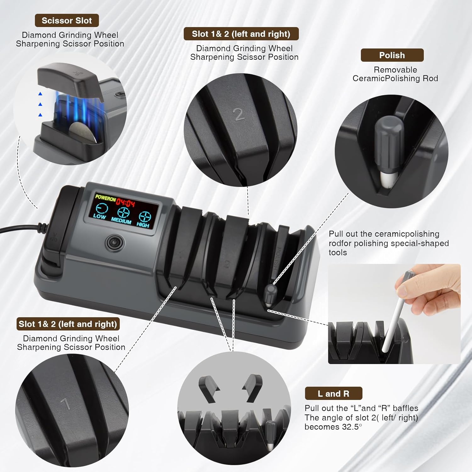 Electric Knife Sharpener for Kitchen, 3-Stage 100% Diamond Abrasive, LCD Screen, 3-speed adjustable, Precision Angle