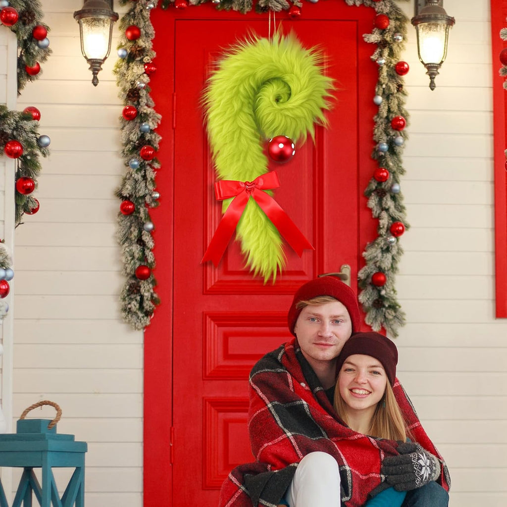 Christmas Candy Cane Wreath Hangers for Front Door Lime Green Furry Hanging Decor Christmas Door Sign Bow Decorations