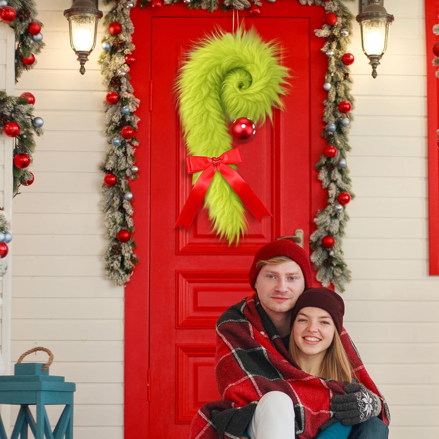 Christmas Candy Cane Wreath Hangers for Front Door Lime Green Furry Hanging Decor Christmas Door Sign Bow Decorations