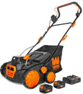 20V Max Cordless 15-Inch 2-in-1 Brushless Electric Dethatcher and Scarifier with Collection Bag, Two 4.0 Ah