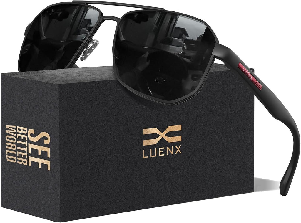 Aviator Polarized Sunglasses for Men: Square UV400 Driving | Big Head Fit,Lightweight,Adjustable Nose