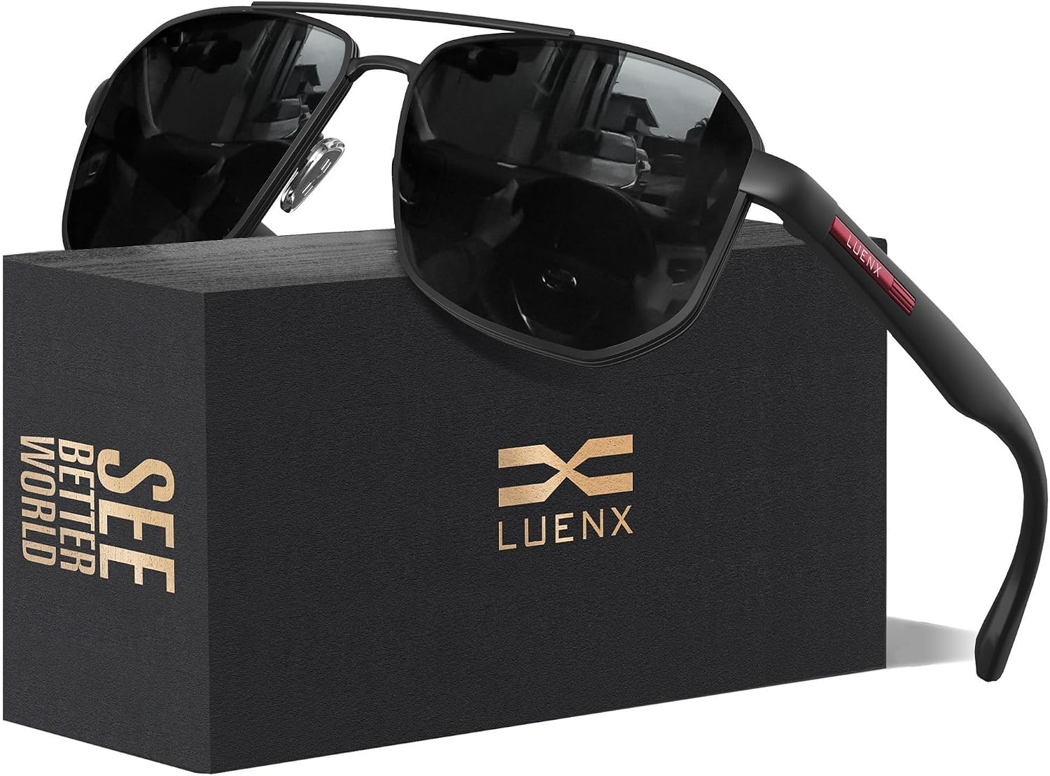 Aviator Polarized Sunglasses for Men: Square UV400 Driving | Big Head Fit,Lightweight,Adjustable Nose