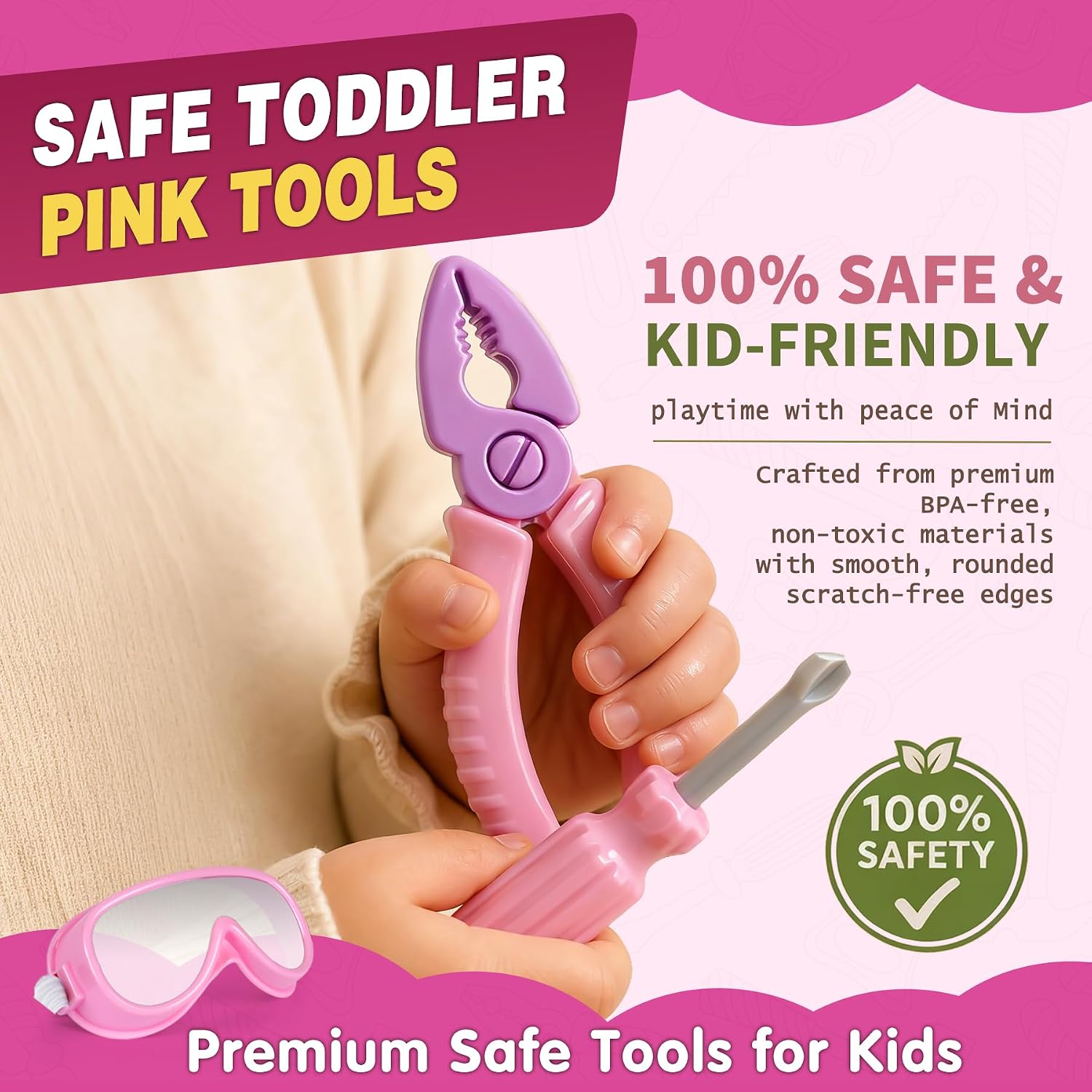 Pink Kids Tool Set with Construction Worker Costume for Girls Ages 3-5 - Toddler Dress Up Clothes, Toy Tools, Hat &