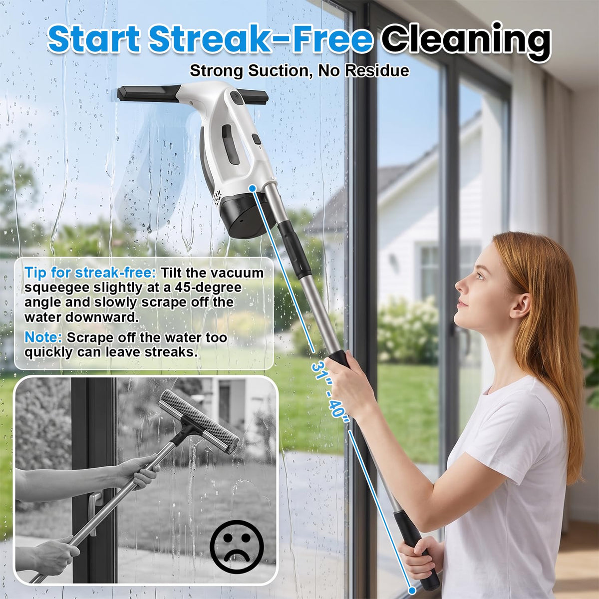 Window Vacuum Squeegee with Extendable Pole, Electric Window Cleaner Tool