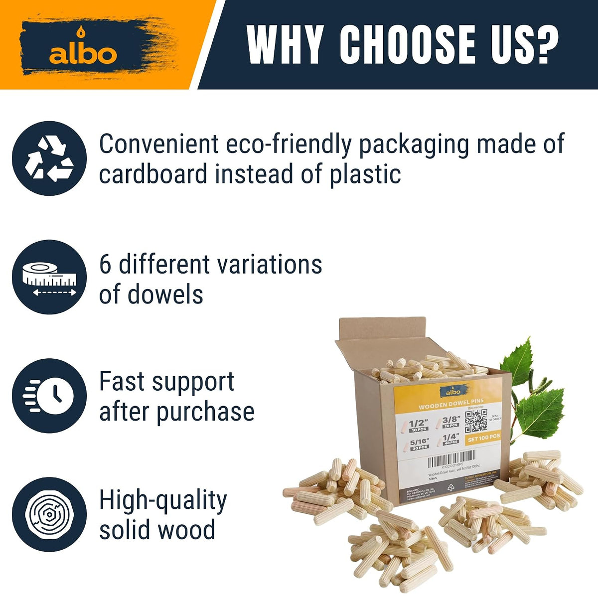 ALBO 100 Pcs. Fluted Wood Dowel Pin Kit, 1/4, 5/16, 3/8 & 1/2 Inch