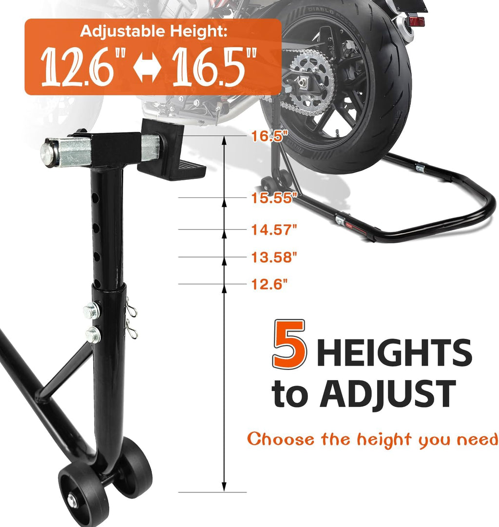 Motorcycle Stand 850LB Adjustable Sport Bike Rear Wheel Lift Swingarm Paddock Stands Black, 5 Adjustable Heights, U+L