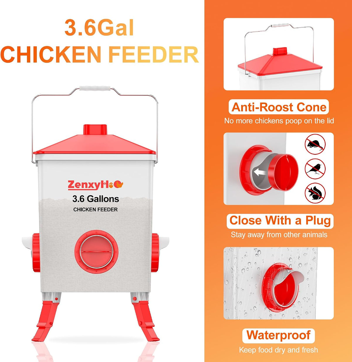 3.6 Gal Chicken Feeder with 4 No-Waste Ports - 3 Height Adjustable