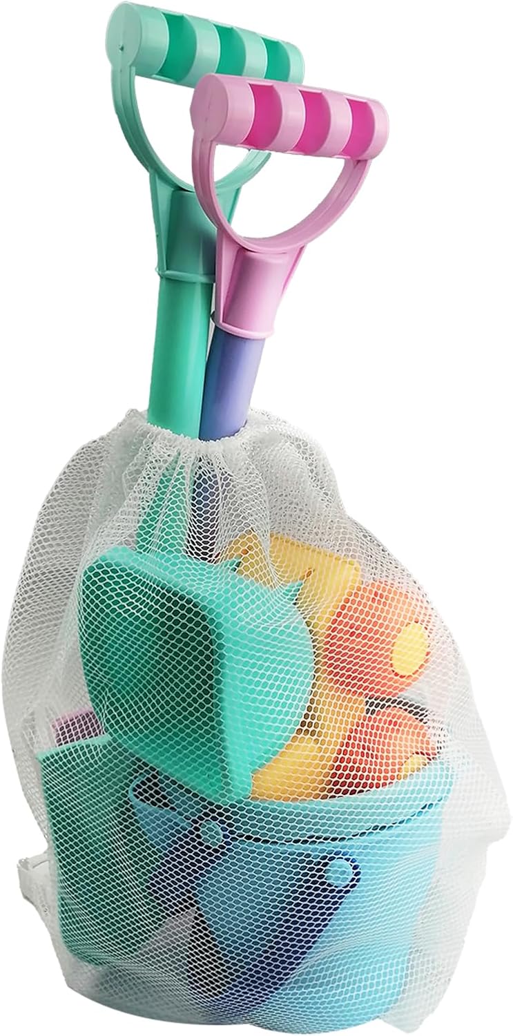 Long Shovels Sand Toys Set with Mesh Bag Including Dump Truck, Beach Buckets, Shovels, Rakes, Molds, Outdoor Beach